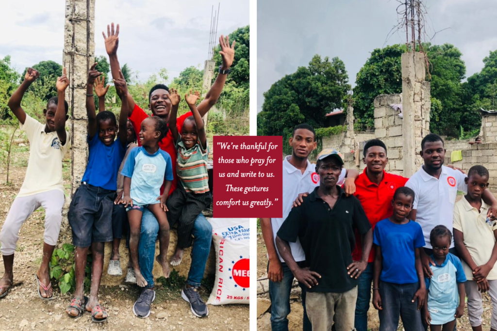 Pictured left: Sant student Yvronel and the kids laughing and having fun. Pictured right: Back row, left to right – Sant students Stanley, Yvronel and Livenson celebrate Easter with a local family, bringing them rice and other necessities, and living out the call to be examples of God’s compassionate love.